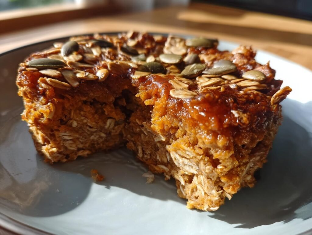 A slice of pumpkin baked oatmeal on a plate, topped with pumpkin seeds and oats.