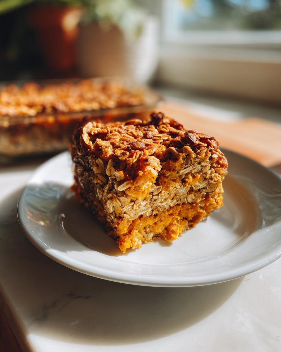 A slice of Pumpkin Baked Oatmeal on a white plate, showcasing its layers and texture.