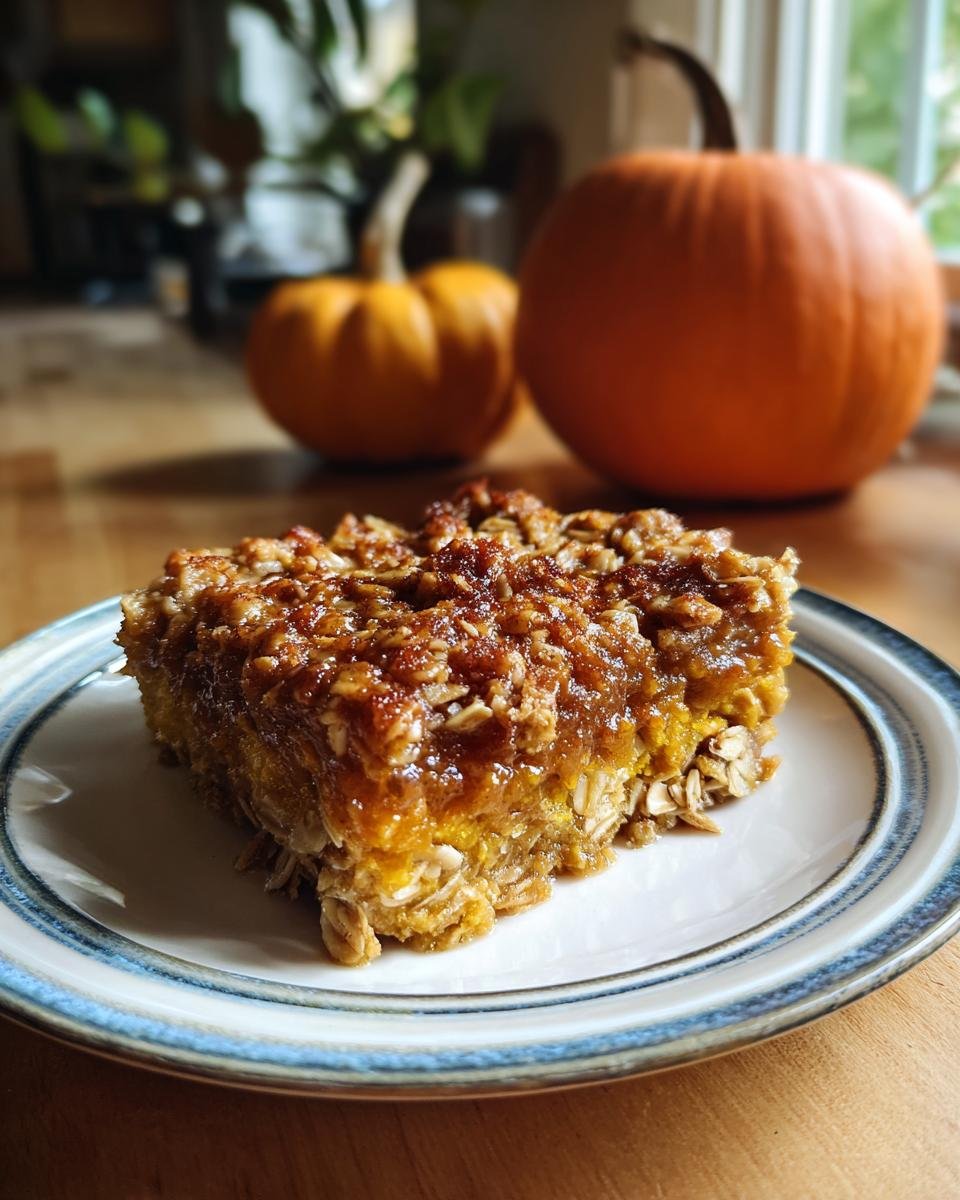 A slice of Pumpkin Baked Oatmeal on a plate, with pumpkins in the background.