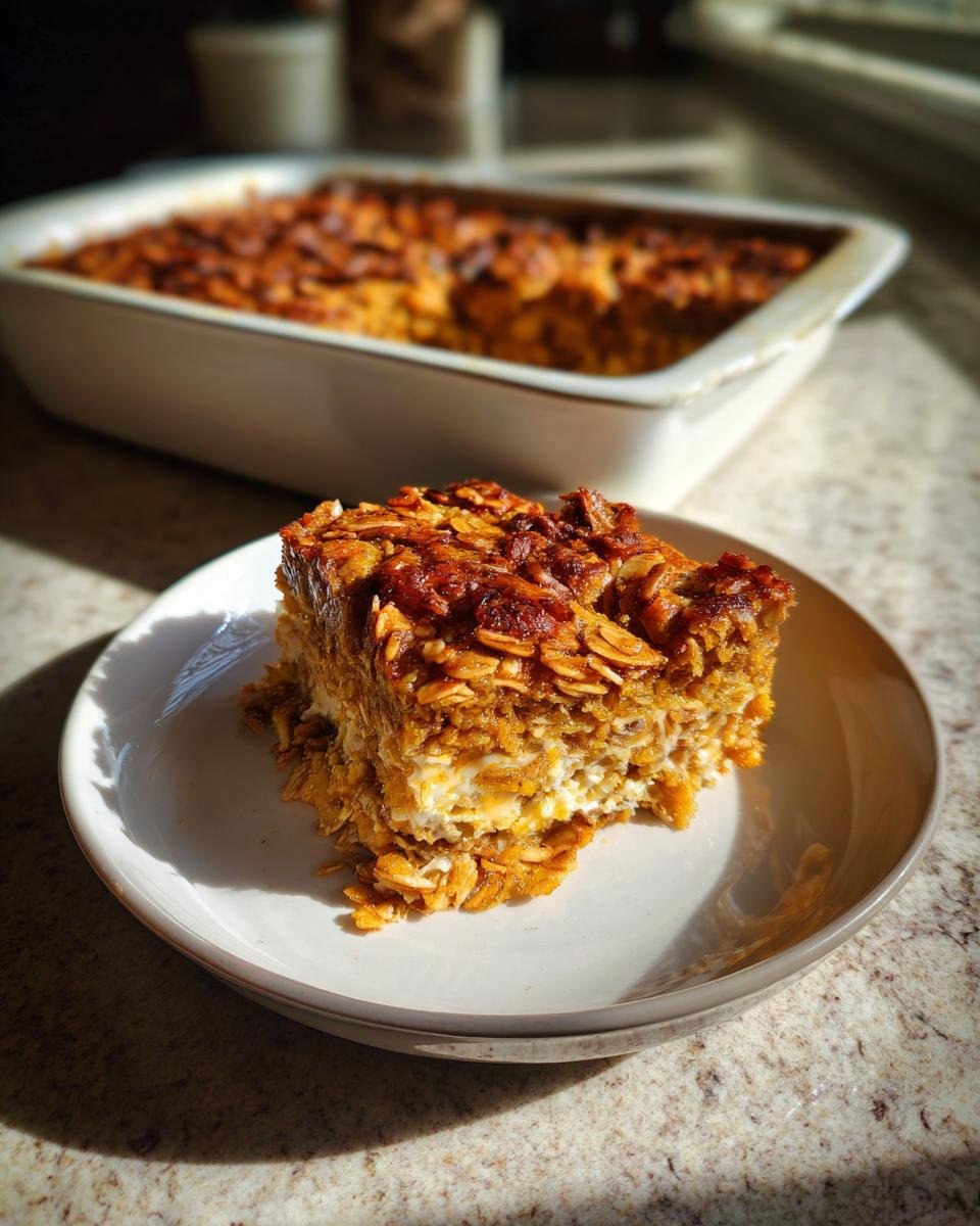 A slice of Pumpkin Baked Oatmeal on a plate, with the baking dish in the background.