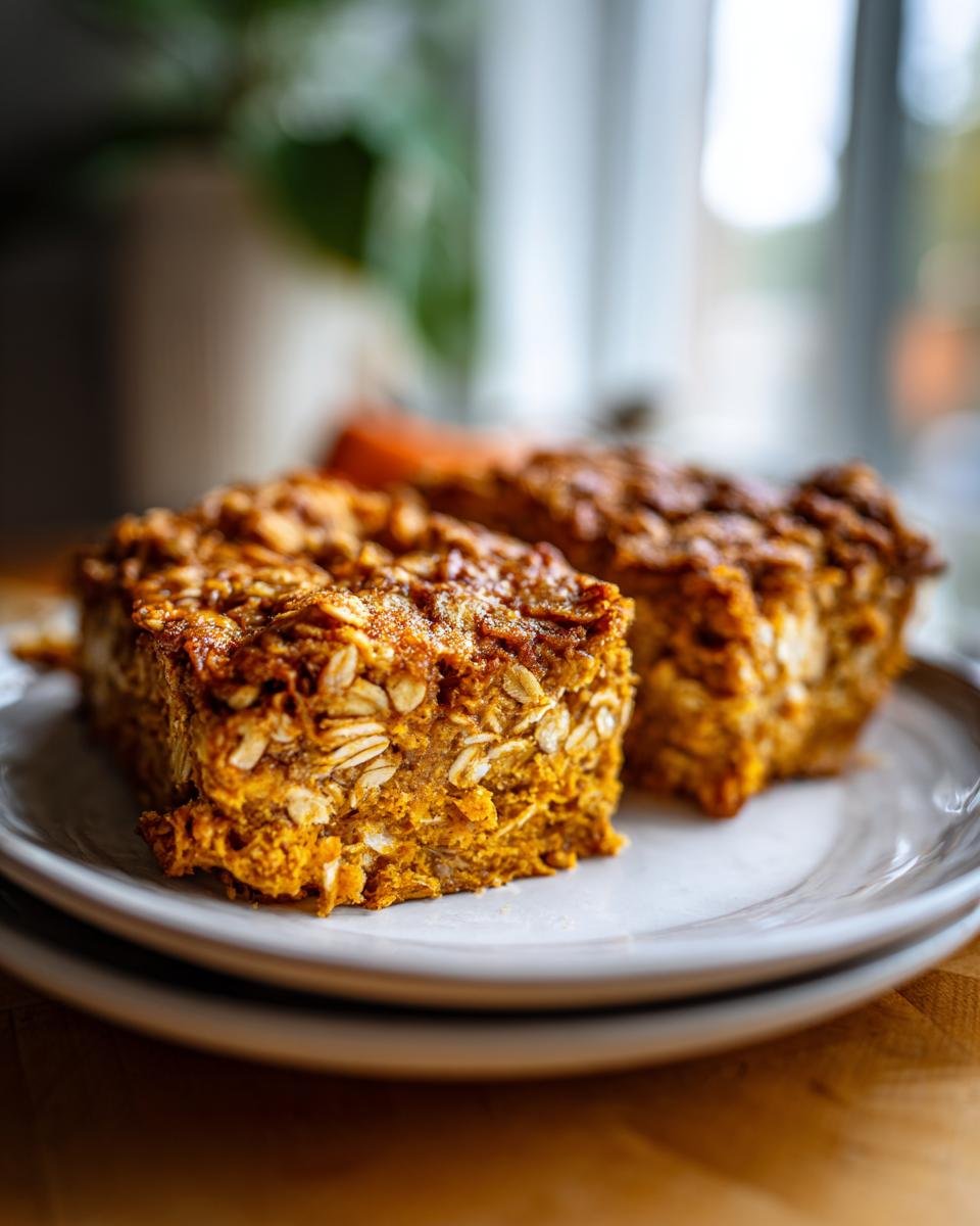 Two slices of Pumpkin Baked Oatmeal on a white plate, showcasing the texture and ingredients.