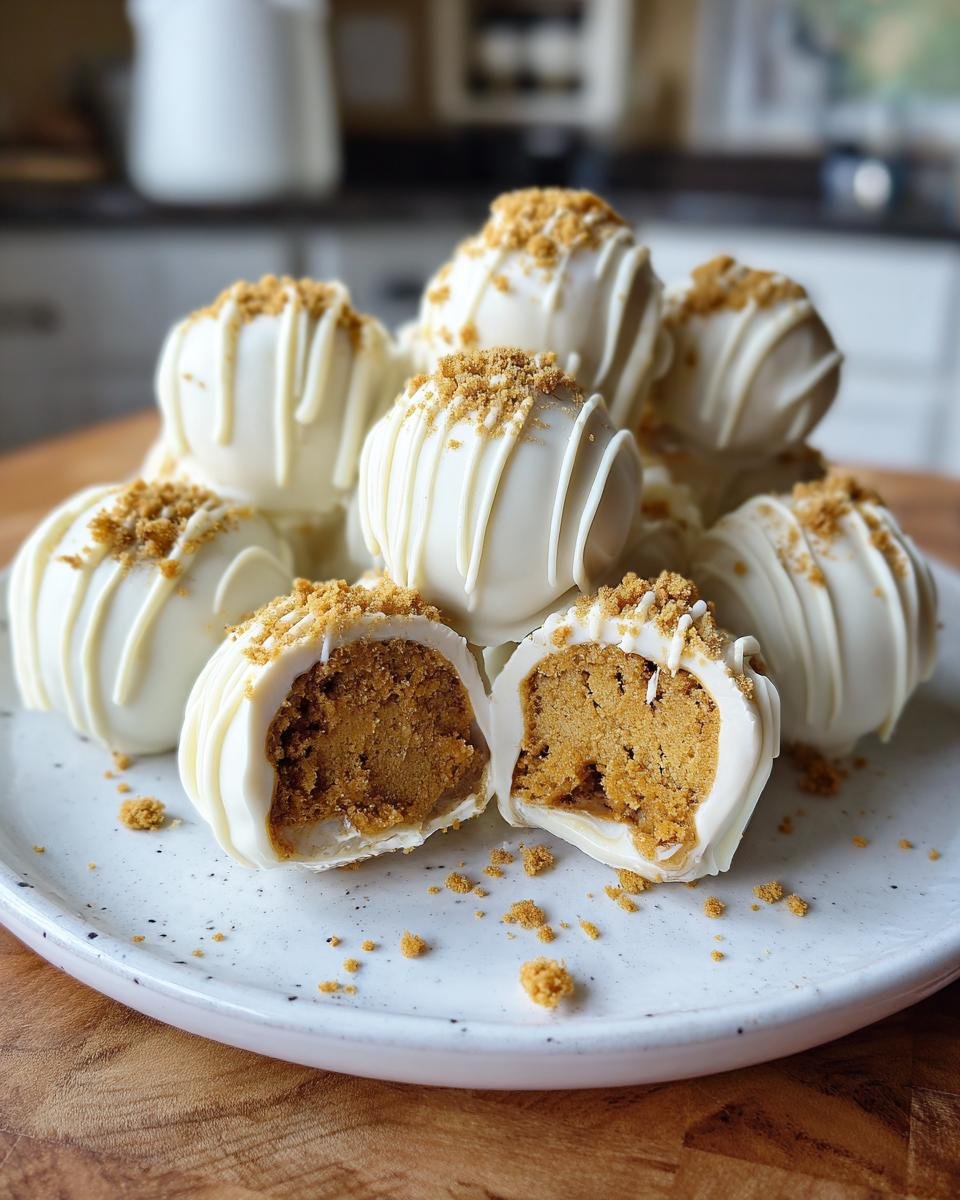 A stack of Pumpkin Cheesecake Truffles, one cut in half to show the filling, on a speckled plate.