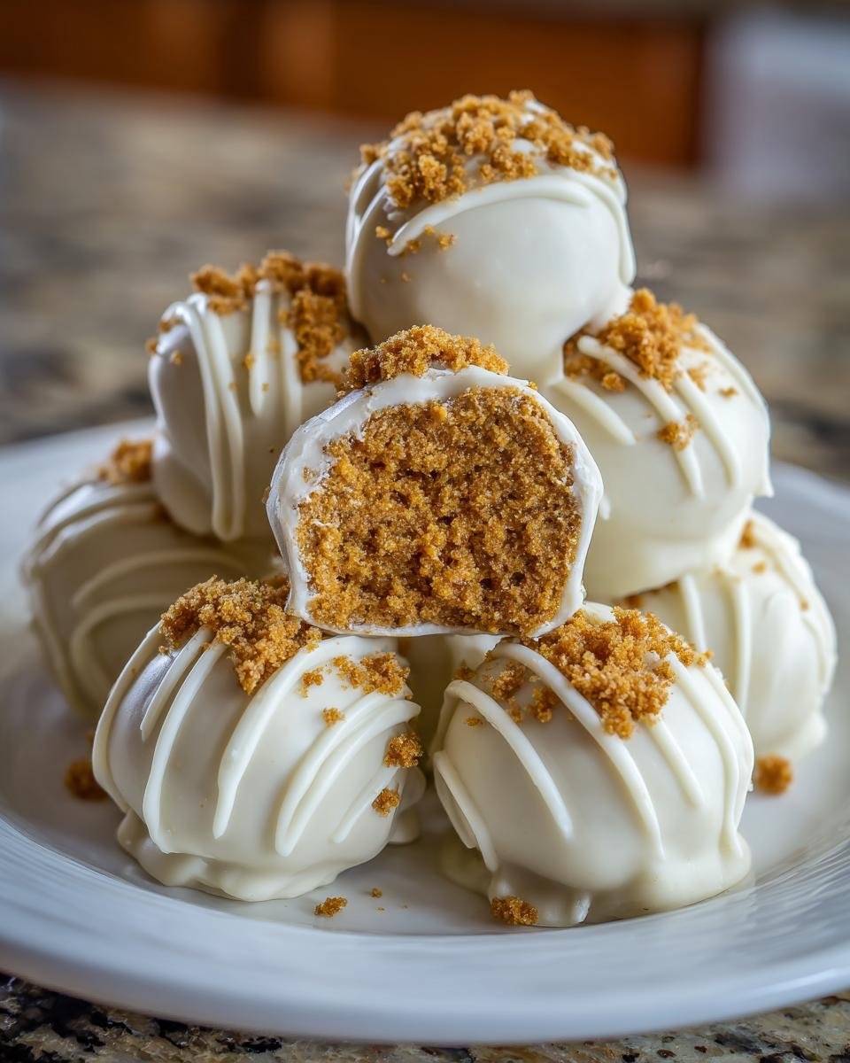 A stack of white chocolate covered Pumpkin Cheesecake Truffles, one cut in half to show the filling.