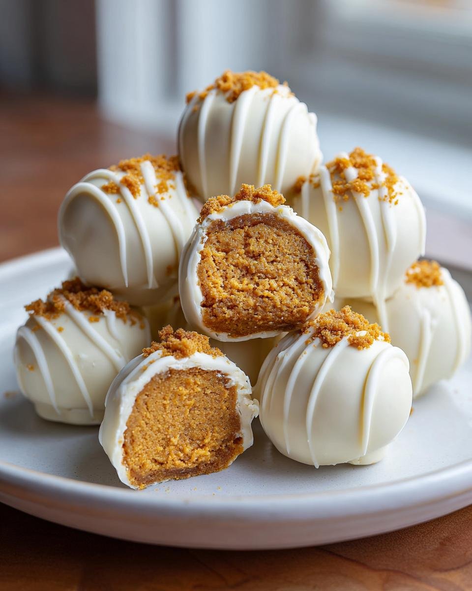 A stack of Pumpkin Cheesecake Truffles, some drizzled with white chocolate and topped with cookie crumbs, one cut in half.