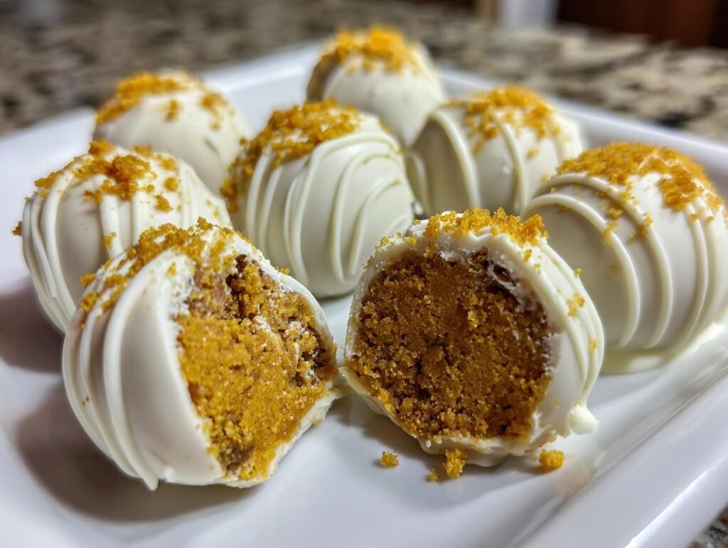 Close-up of Pumpkin Cheesecake Truffles coated in white chocolate and sprinkled with graham cracker crumbs.