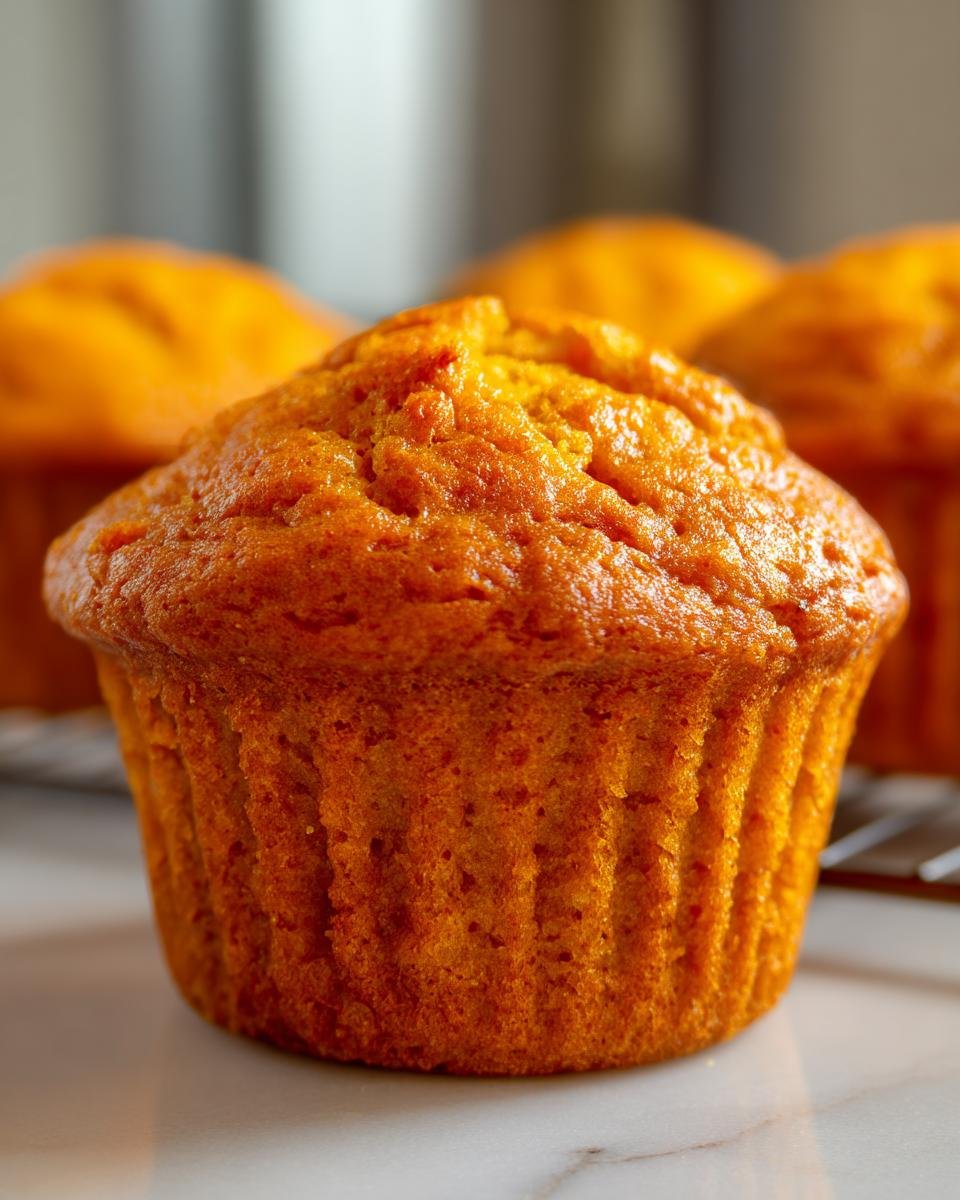 Close-up of a freshly baked Pumpkin Cottage Cheese Muffin, showcasing its golden-brown top and moist texture.