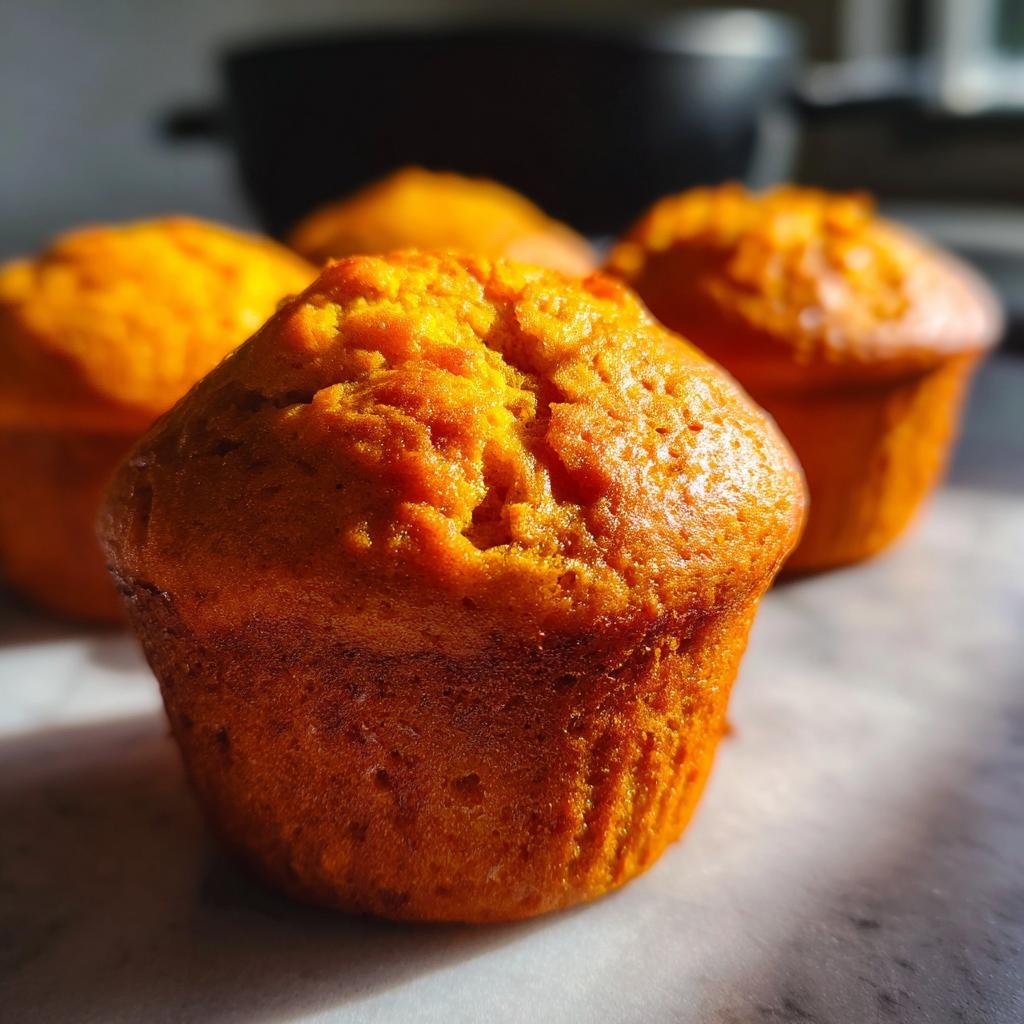 Close-up of freshly baked Pumpkin Cottage Cheese Muffins on a marble surface.