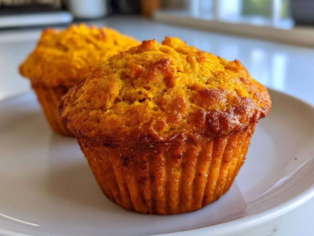 Two freshly baked Pumpkin Cottage Cheese Muffins on a white plate, showcasing their golden-brown color and texture.