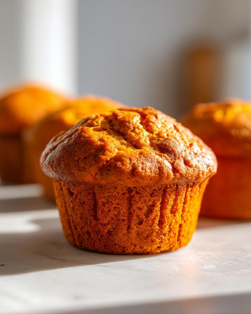 Close-up of a freshly baked Pumpkin Cottage Cheese Muffin, showcasing its texture and color.