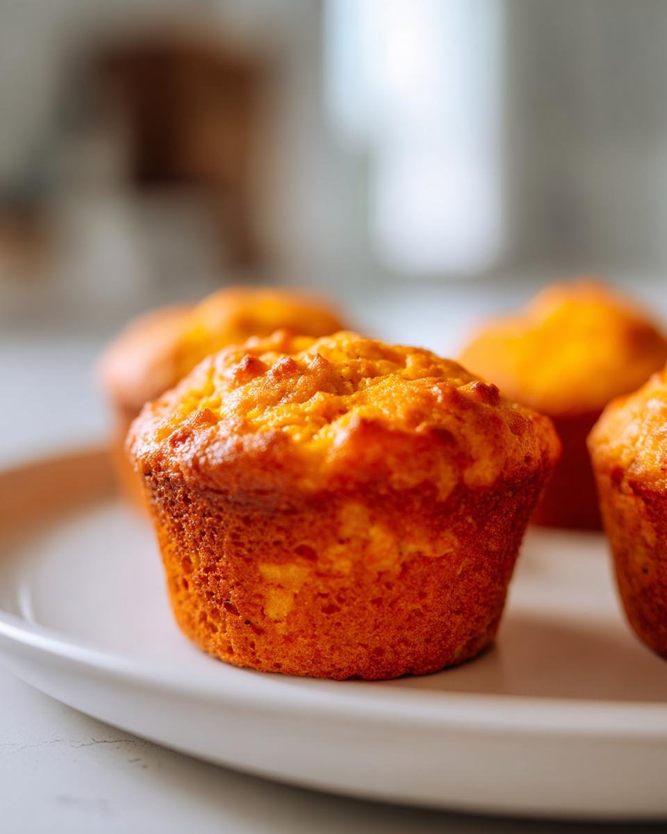 Close-up of several golden Pumpkin Cottage Cheese Muffins on a white plate, showcasing their moist texture.
