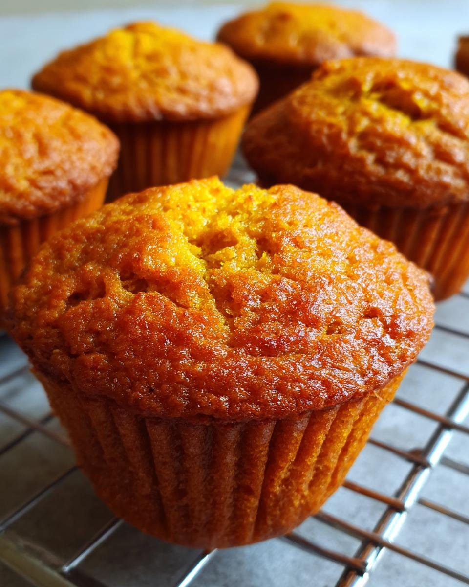 Close up of freshly baked Pumpkin Cottage Cheese Muffins cooling on a wire rack.