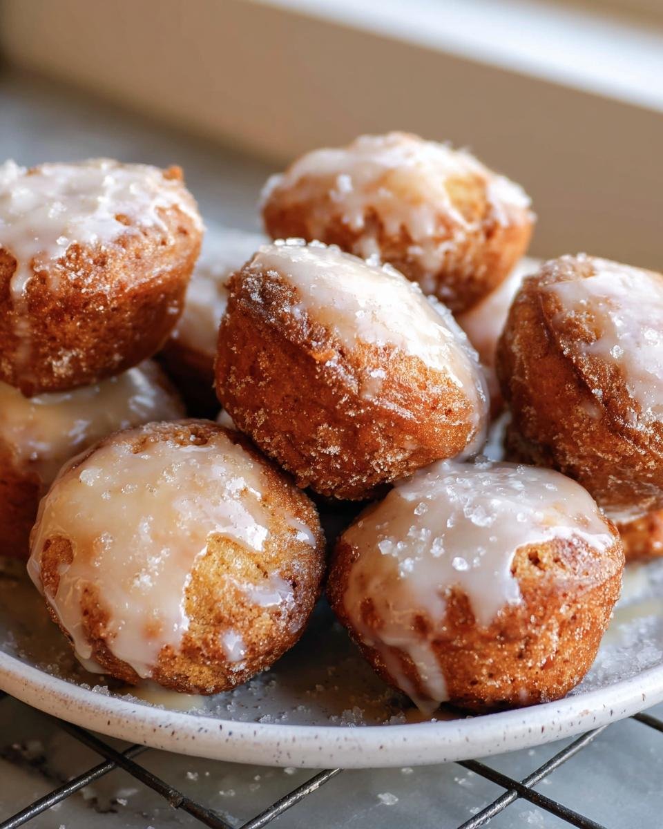 A close-up of glazed Pumpkin Donut Holes piled on a plate, showing the texture and glaze.