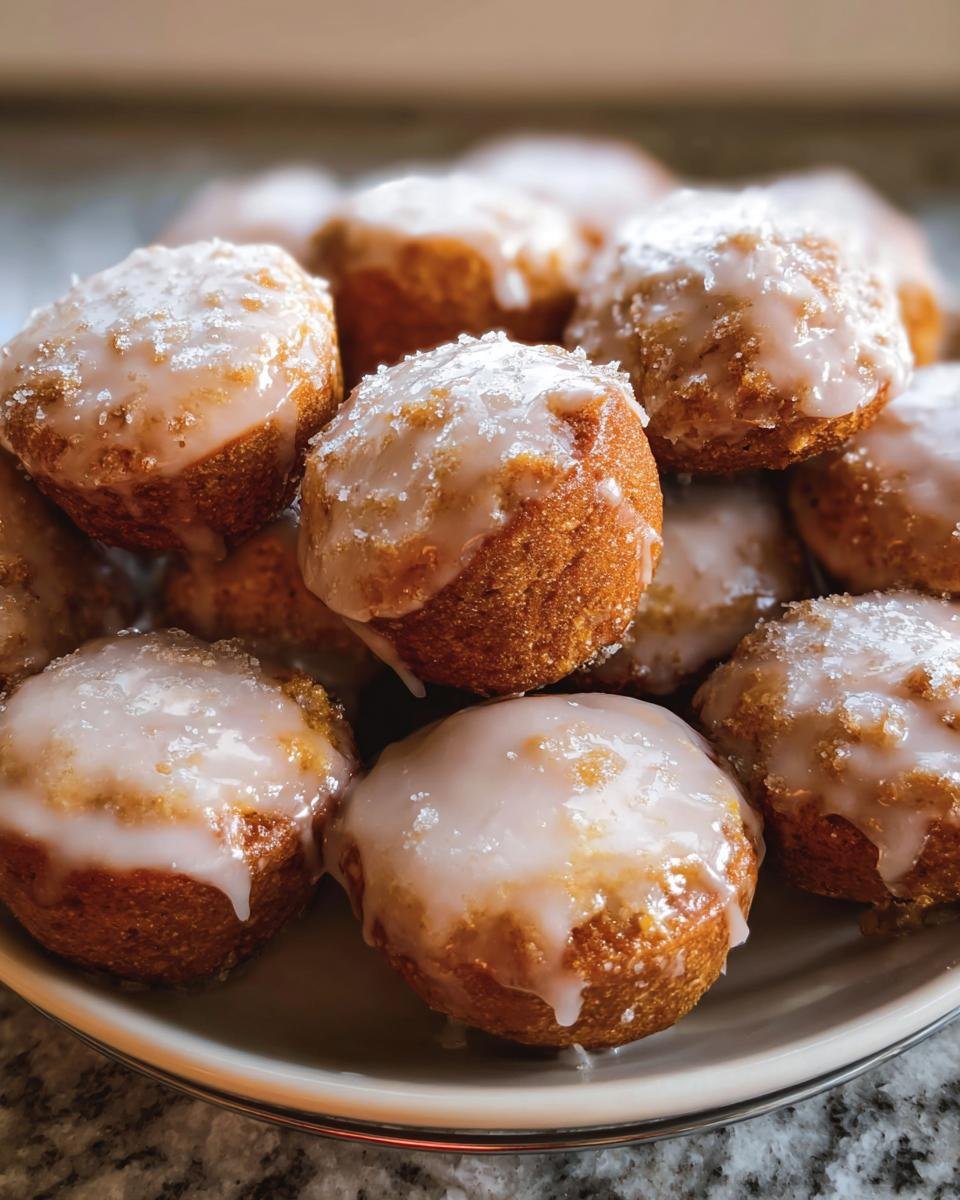 A plate piled high with glazed Pumpkin Donut Holes, dripping with sweet icing.