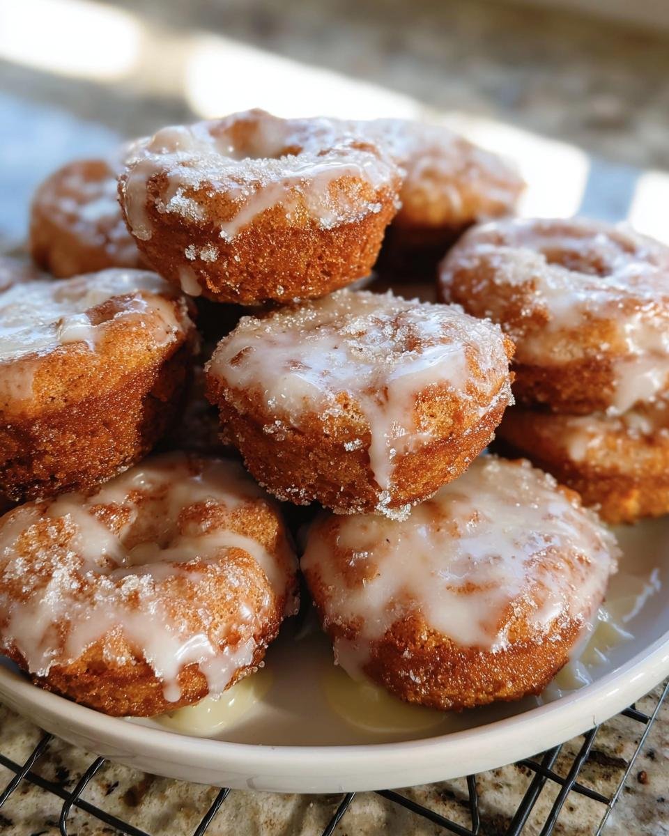 A stack of glazed Pumpkin Donut Holes on a white plate, ready to eat.
