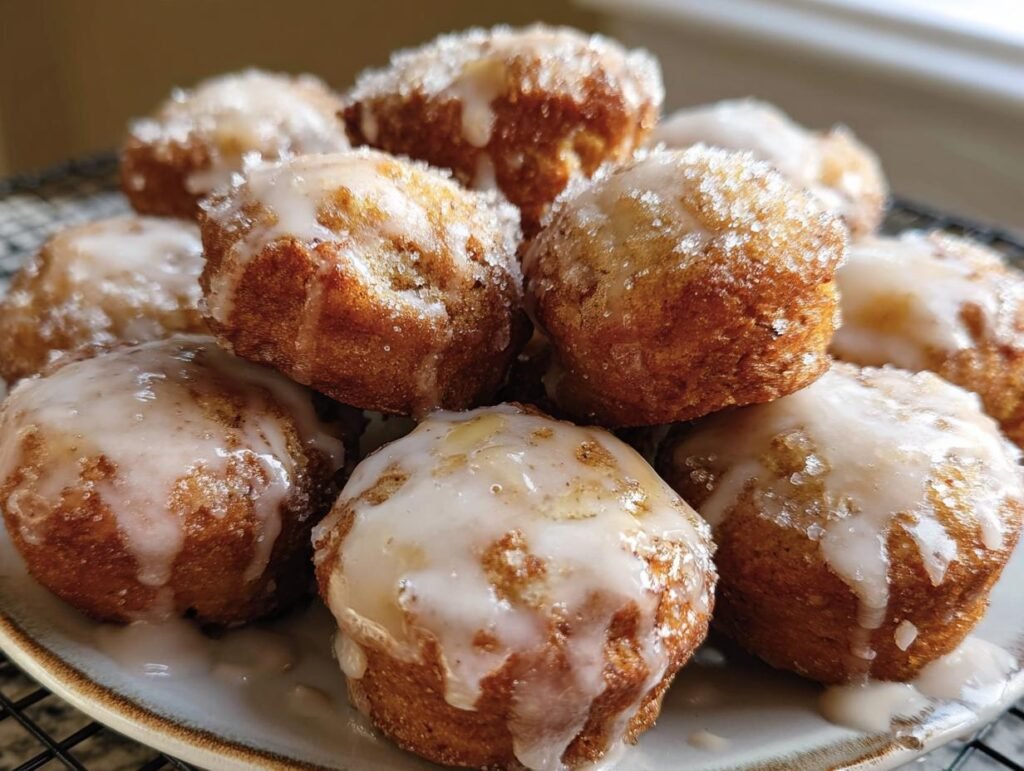 A stack of glazed Pumpkin Donut Holes on a plate, glistening with sugar and icing.
