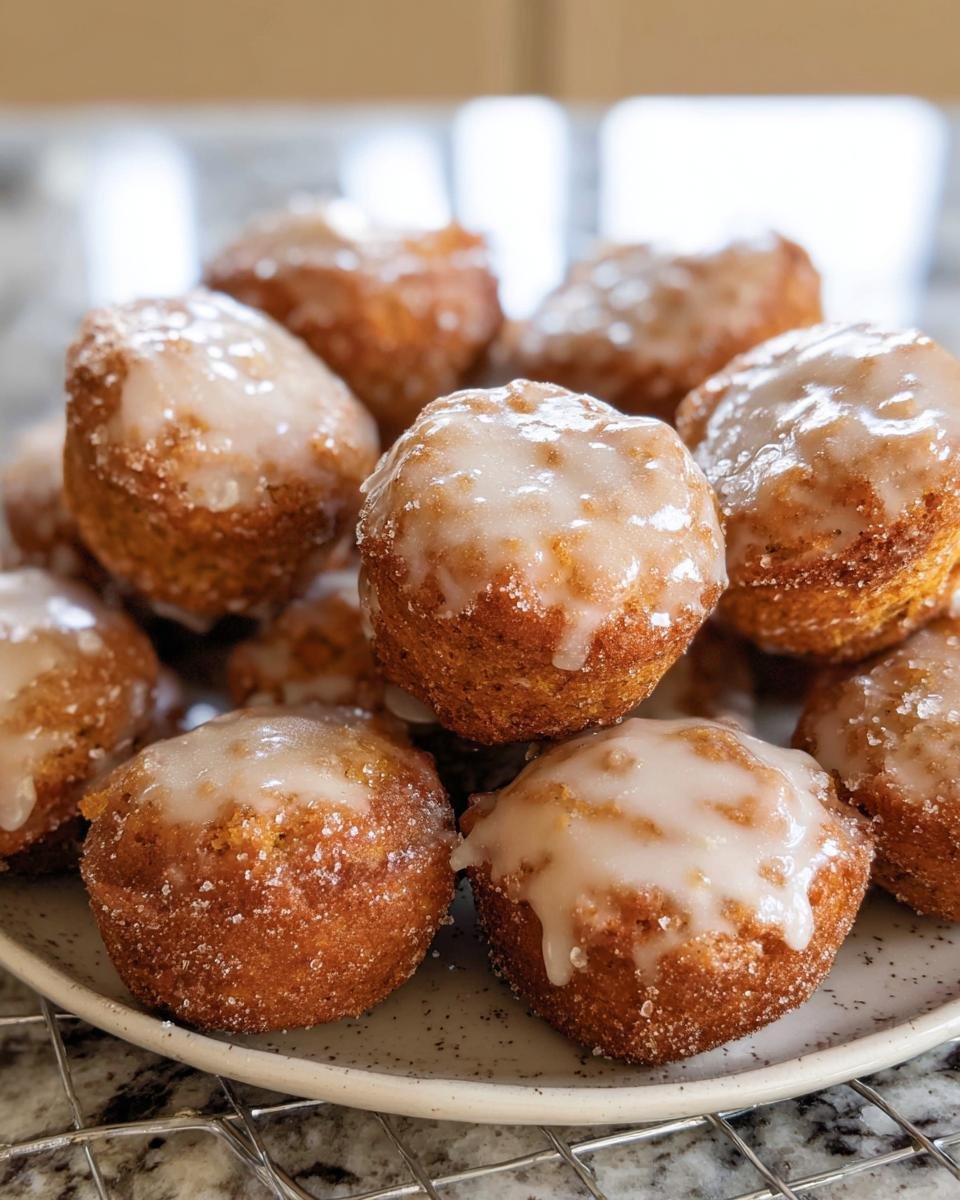 Pile of freshly made Pumpkin Donut Holes with a sweet glaze on a speckled plate.