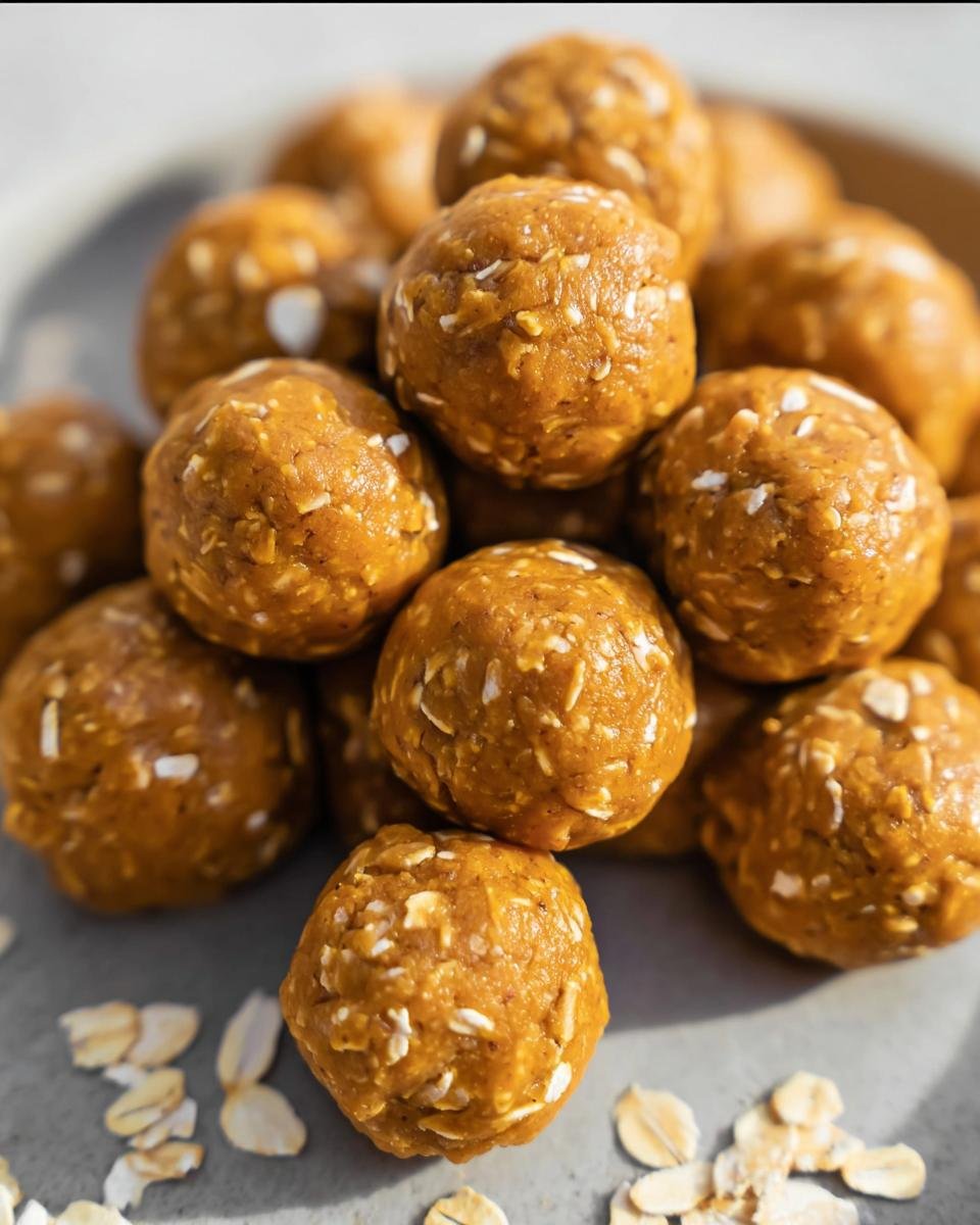 A stack of homemade Pumpkin Protein Balls, a healthy and delicious snack option.