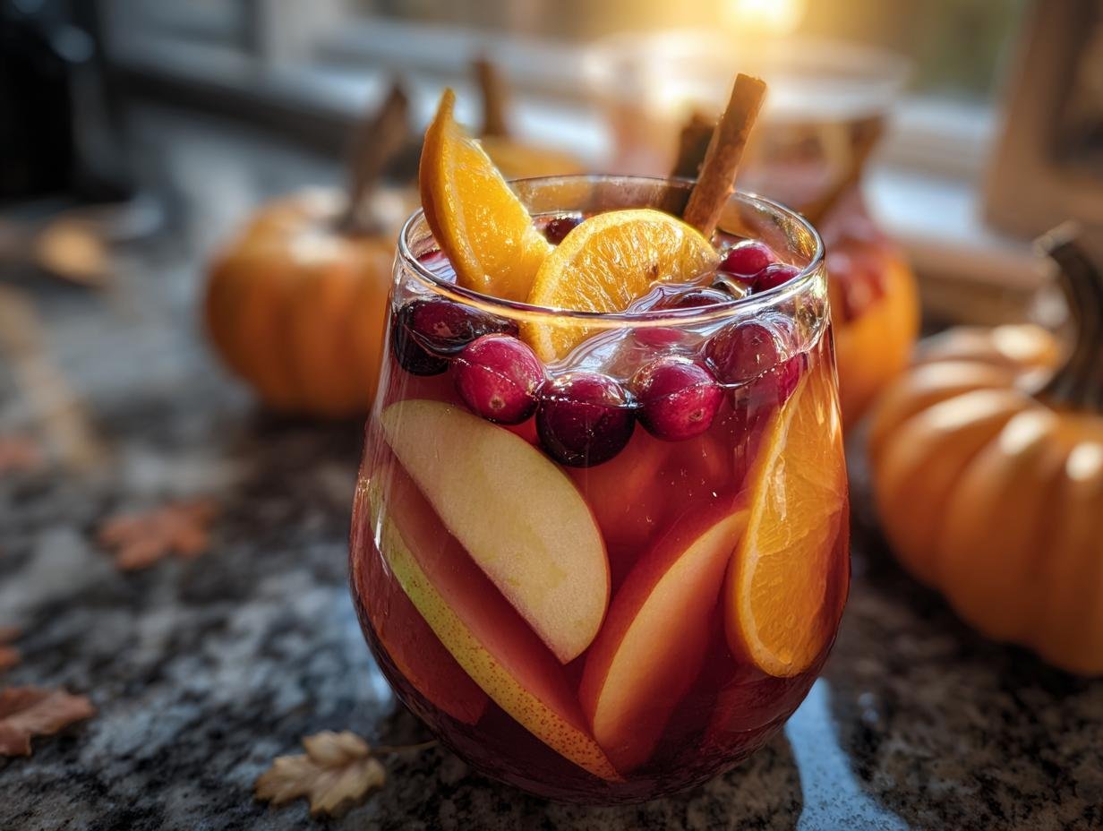 A glass of Pumpkin Spice Fireball Sangria with oranges, apples, cranberries, and a cinnamon stick.