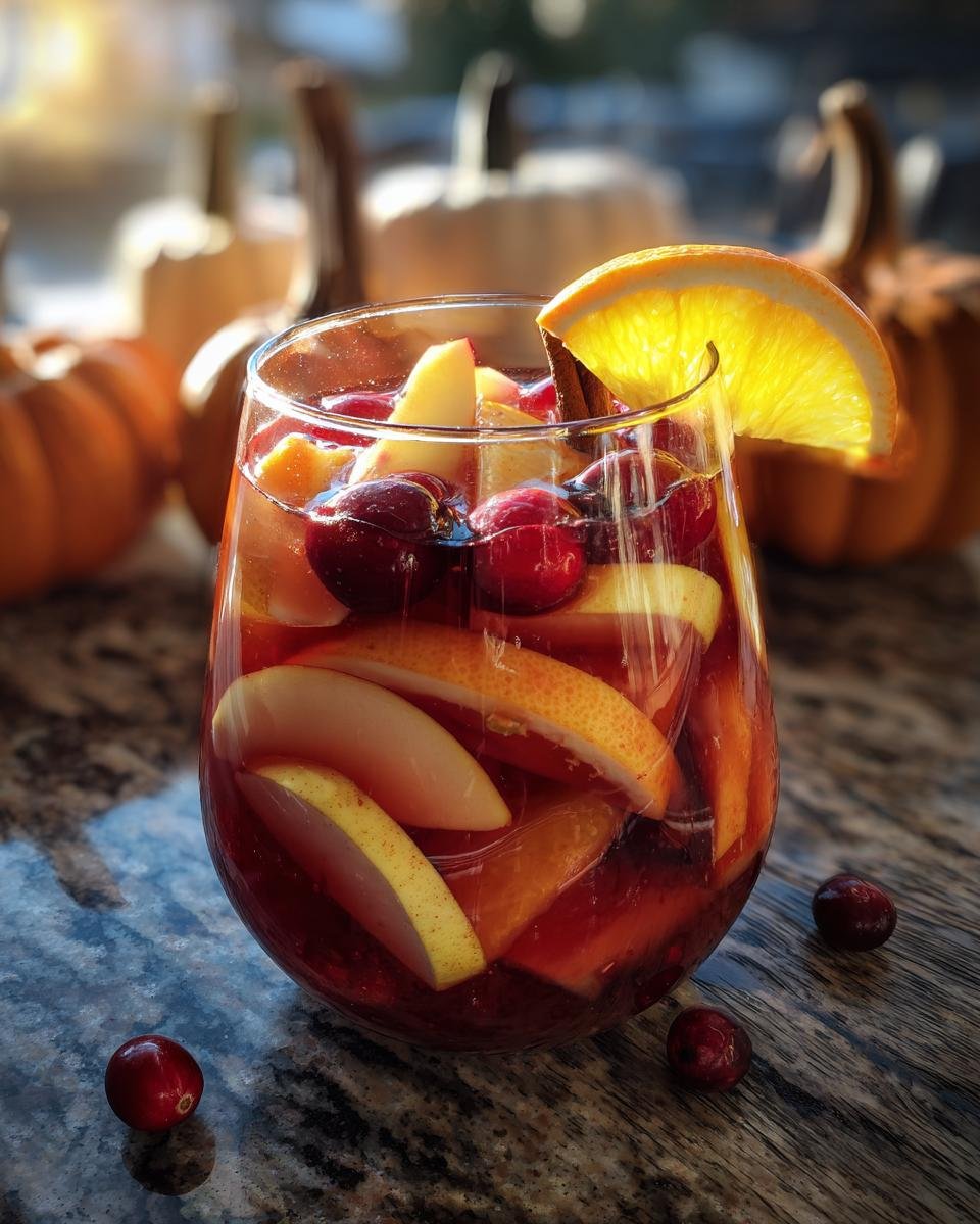 A glass of Pumpkin Spice Fireball Sangria with orange slice, cranberries, and apple pieces.