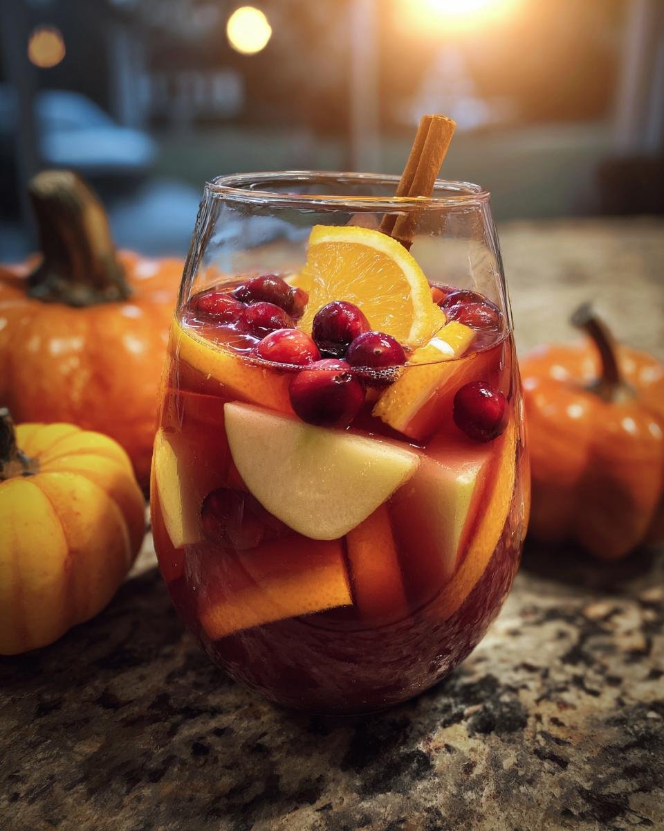 A glass of Pumpkin Spice Fireball Sangria with fruit slices, cranberries, and a cinnamon stick garnish.