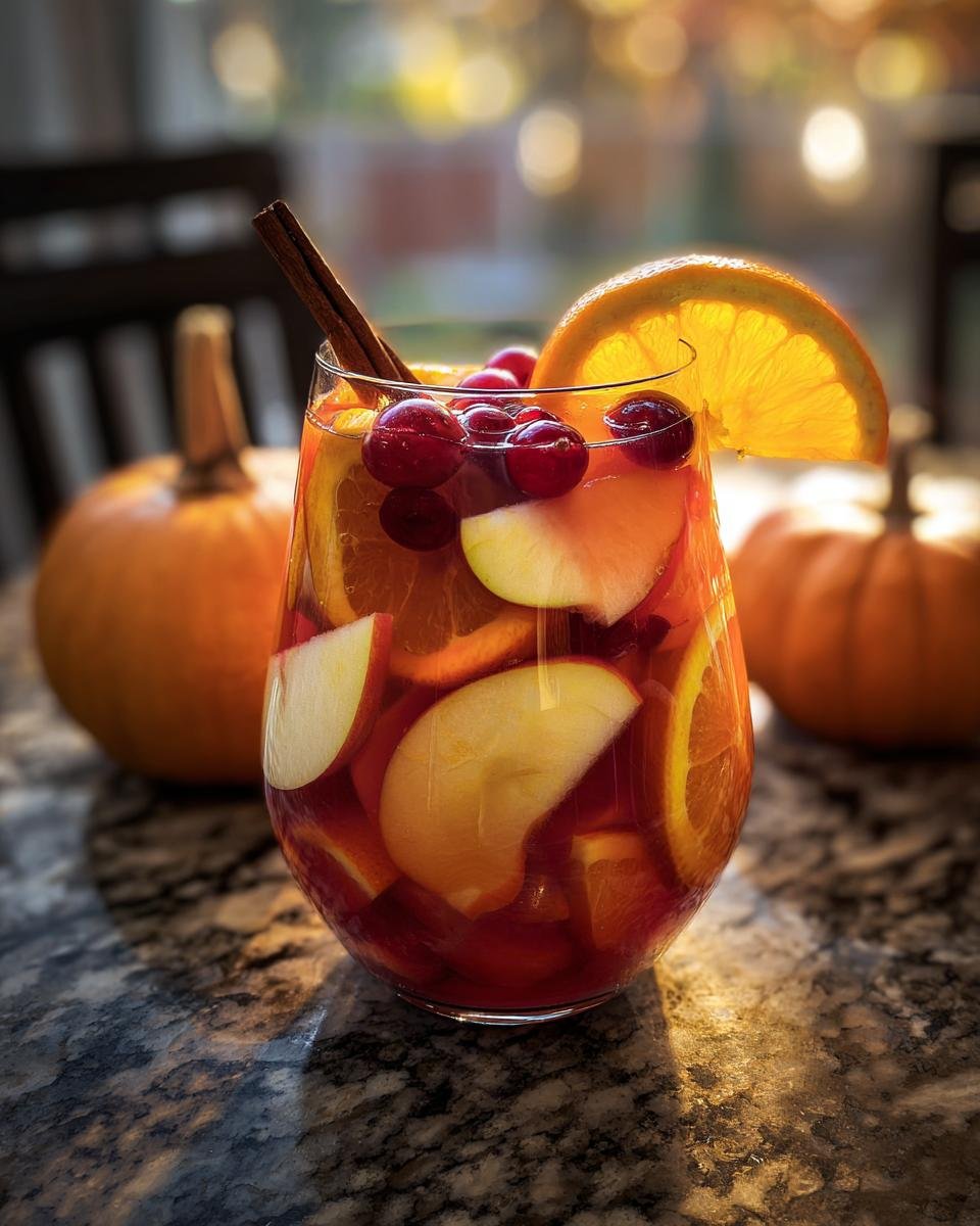 A glass of Pumpkin Spice Fireball Sangria with fruit, cinnamon stick, and orange slice, with pumpkins in the background.