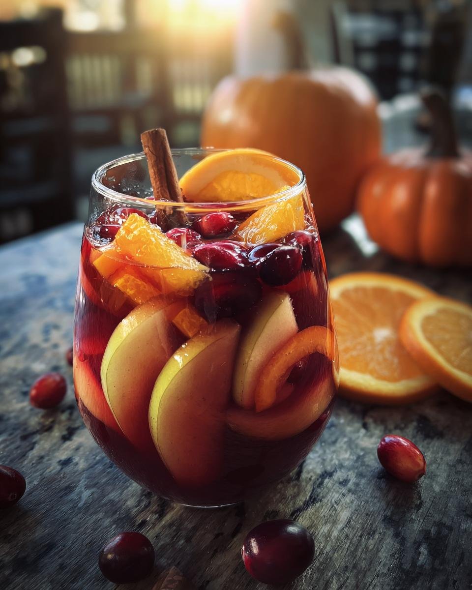 A glass of Pumpkin Spice Fireball Sangria with apple slices, oranges, cranberries, and a cinnamon stick.
