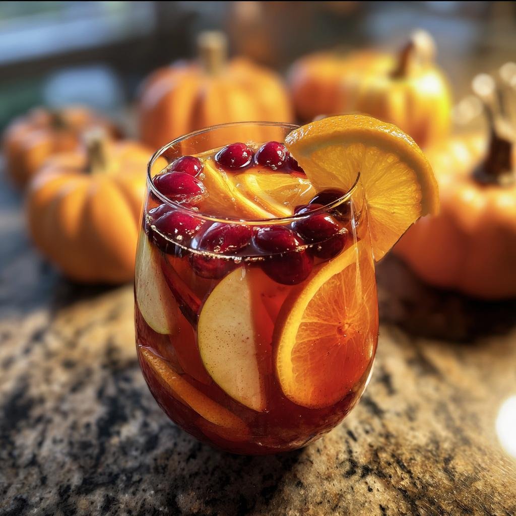 A glass of Pumpkin Spice Fireball Sangria with orange slices, cranberries, and apple slices, with pumpkins in the background.