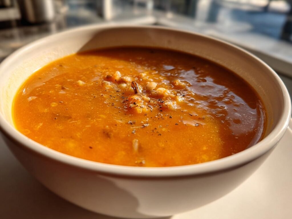 Close-up of a bowl of creamy Pumpkin Wild Rice Soup, garnished with pepper.