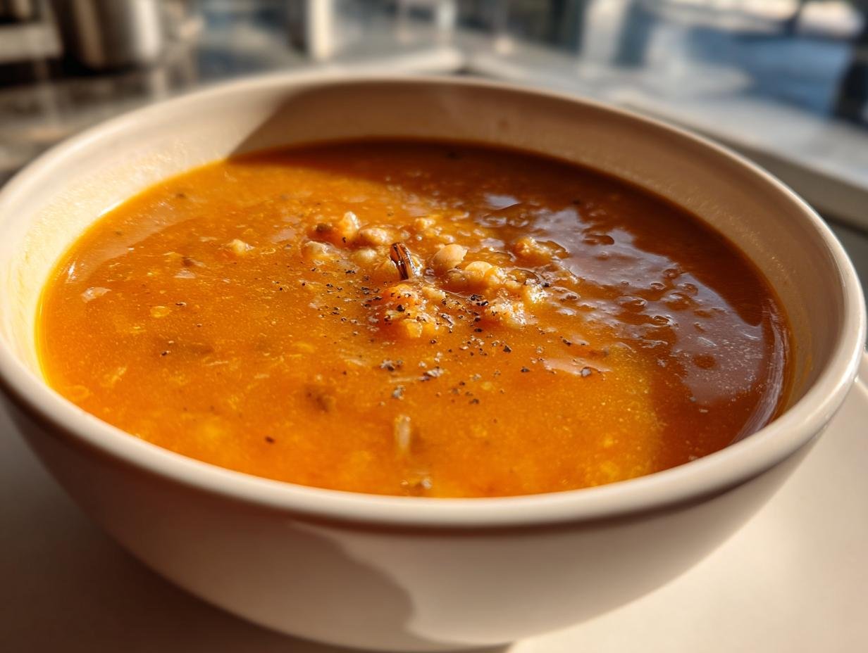 Close-up of a bowl of creamy Pumpkin Wild Rice Soup, garnished with pepper.