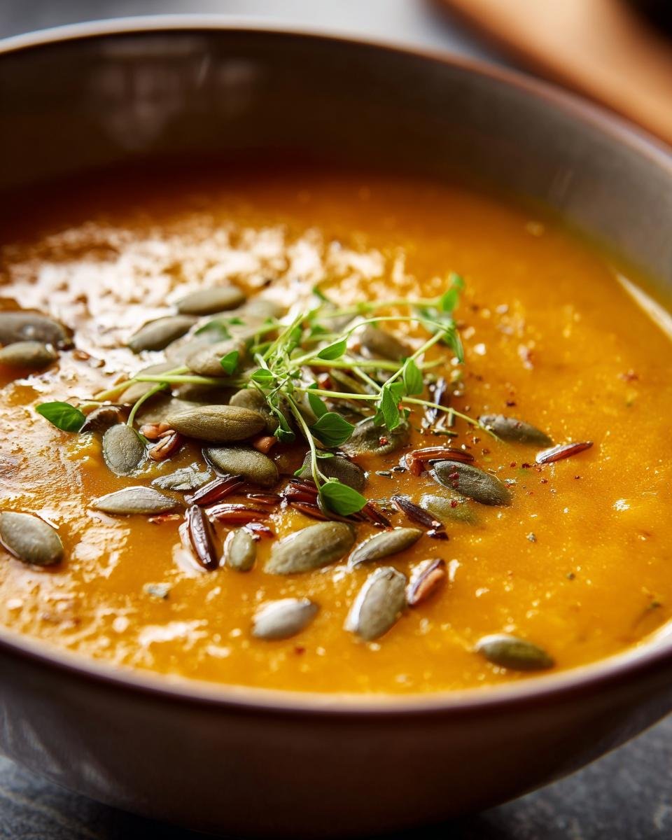 Close-up of a bowl of Pumpkin Wild Rice Soup, garnished with pumpkin seeds and fresh herbs.