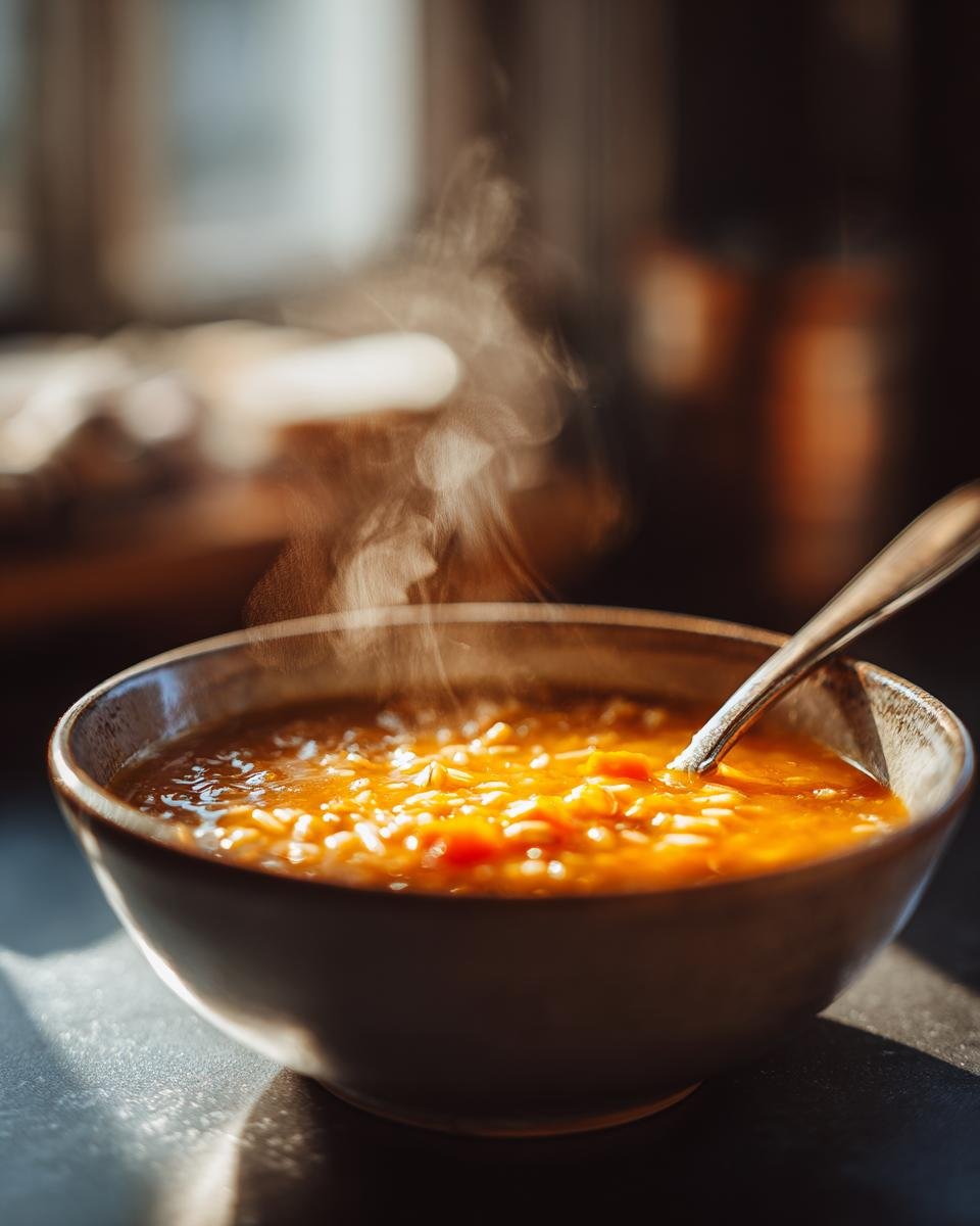 Steaming bowl of Pumpkin Wild Rice Soup with a spoon, showcasing the creamy texture and wild rice.