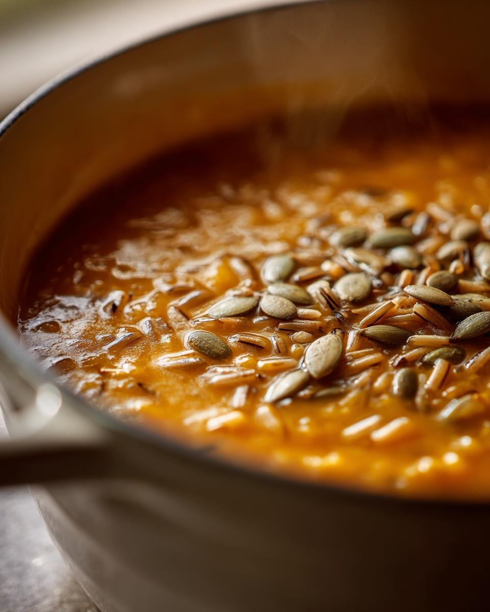 Close-up of Pumpkin Wild Rice Soup in a pot, topped with pumpkin seeds and wild rice.