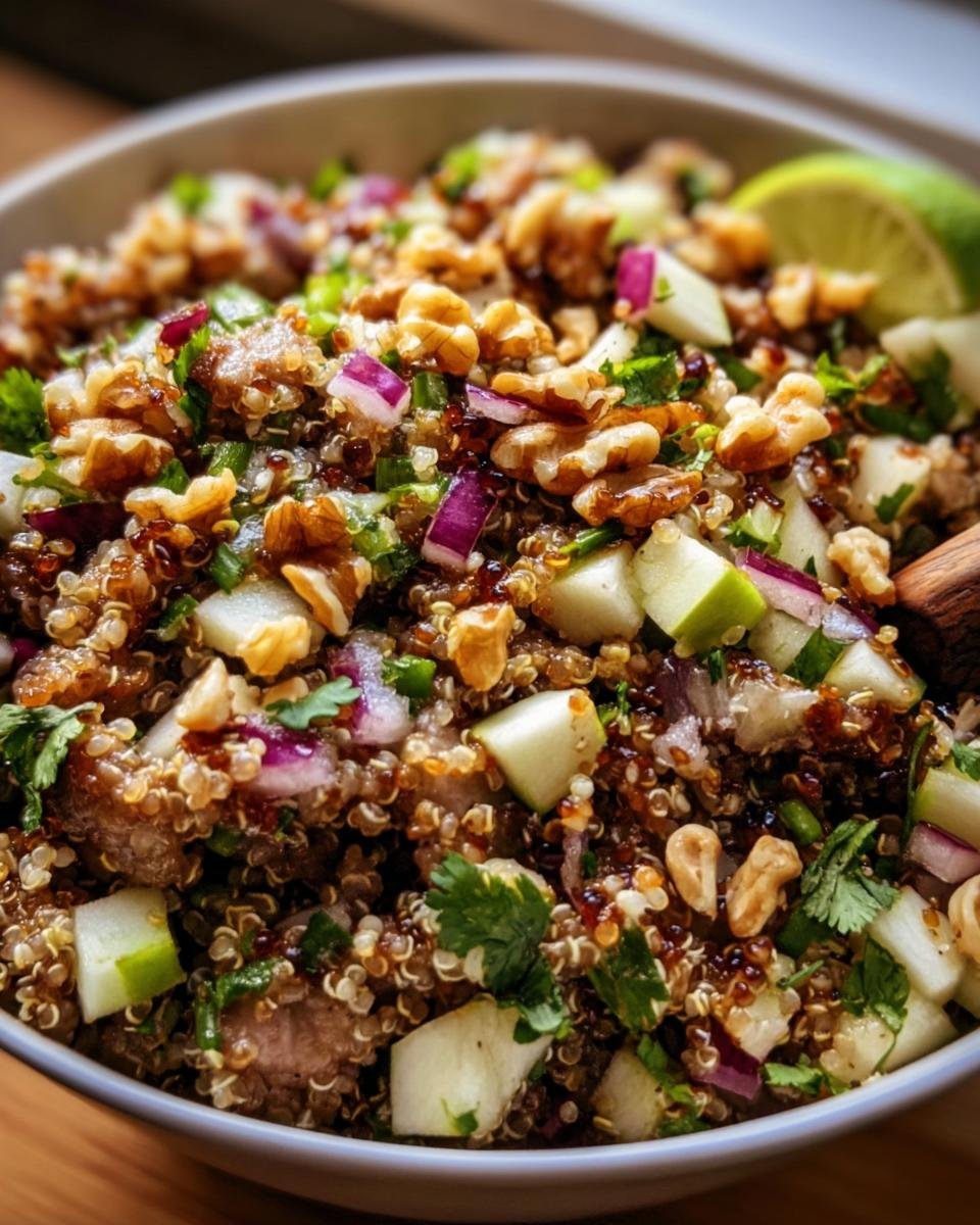A vibrant bowl of Quinoa Apple Salad with quinoa, apples, red onion, walnuts, and herbs.