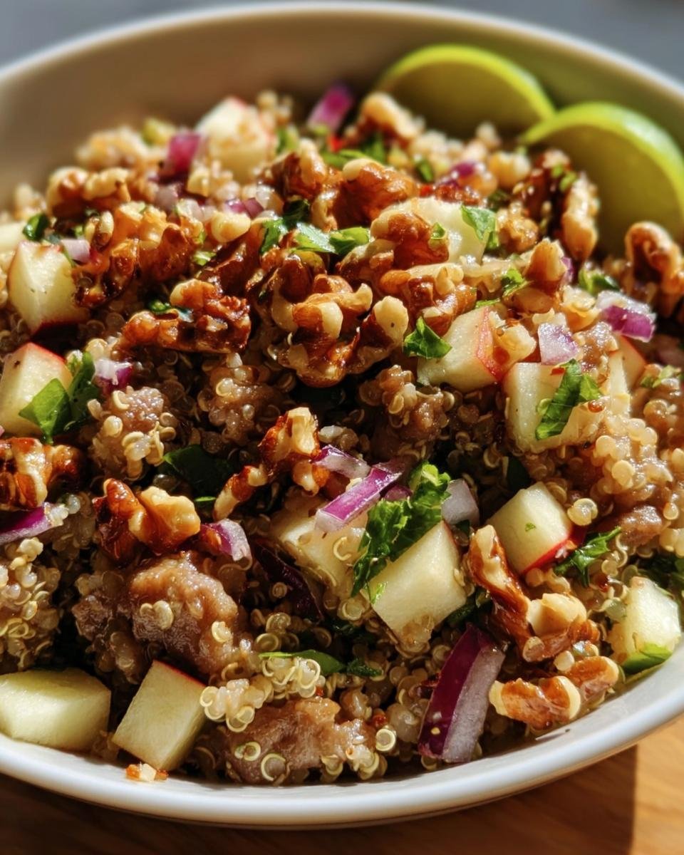 A vibrant bowl of Quinoa Apple Salad with quinoa, diced apples, walnuts, red onion, and lime.