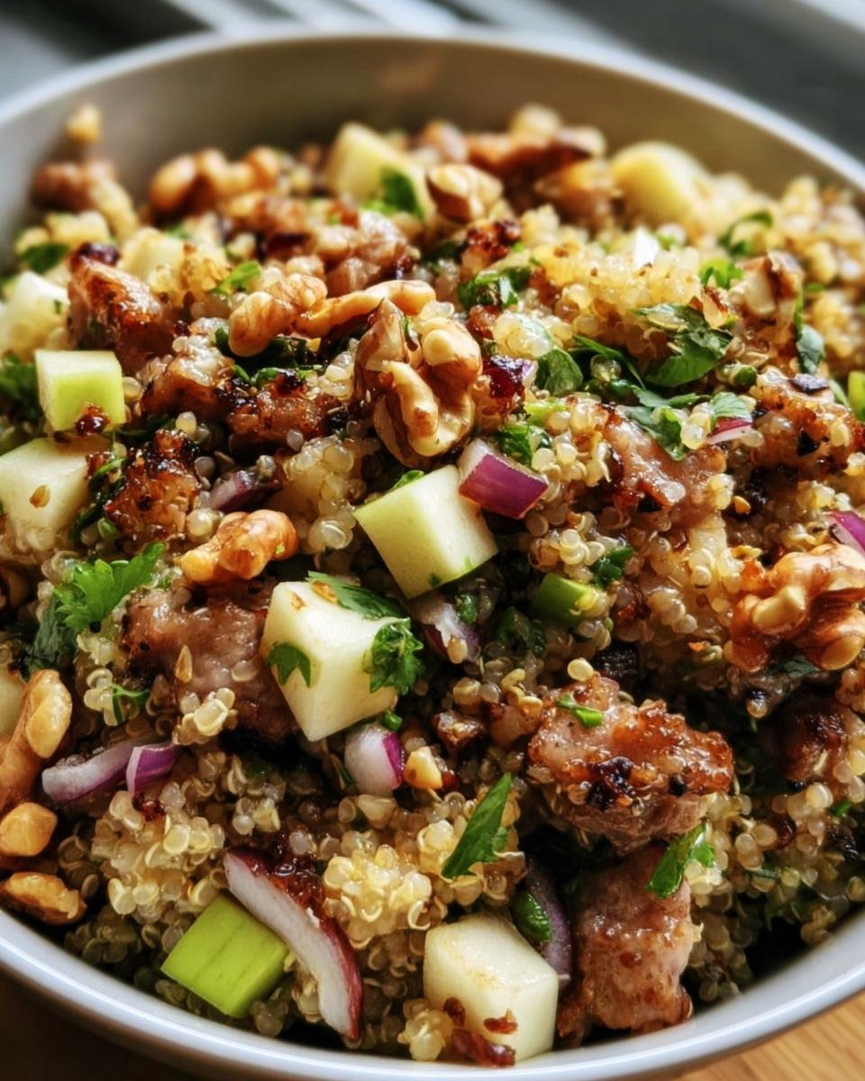 Close-up of a bowl of Quinoa Apple Salad with quinoa, apples, walnuts, red onion, and herbs.