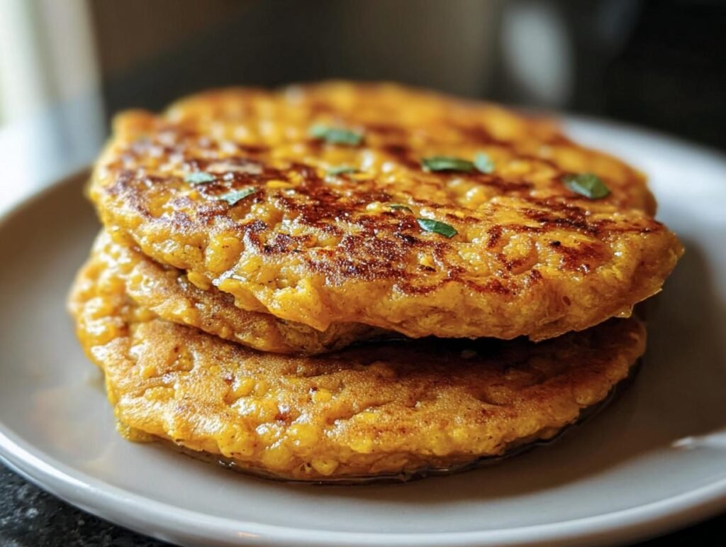 A stack of three golden-brown Red Lentil Pancakes, garnished with fresh herbs on a white plate.
