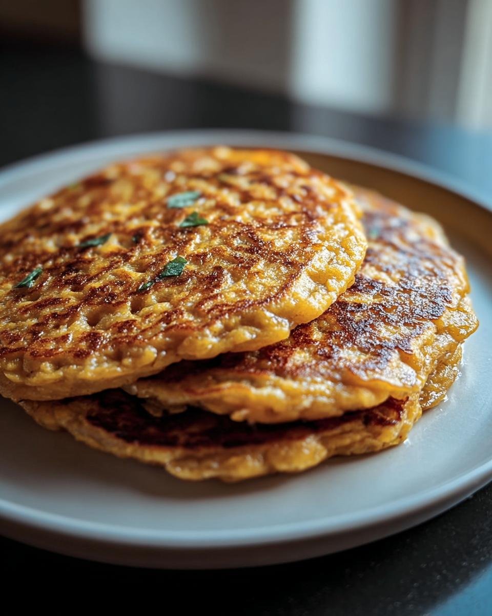 A stack of three golden brown Red Lentil Pancakes on a plate, garnished with fresh herbs.