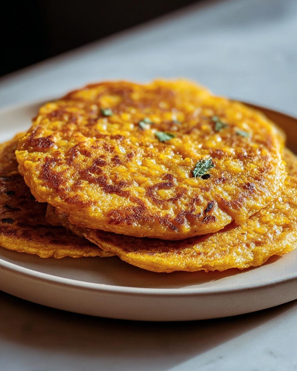 A stack of golden-brown Red Lentil Pancakes on a plate, garnished with fresh herbs.