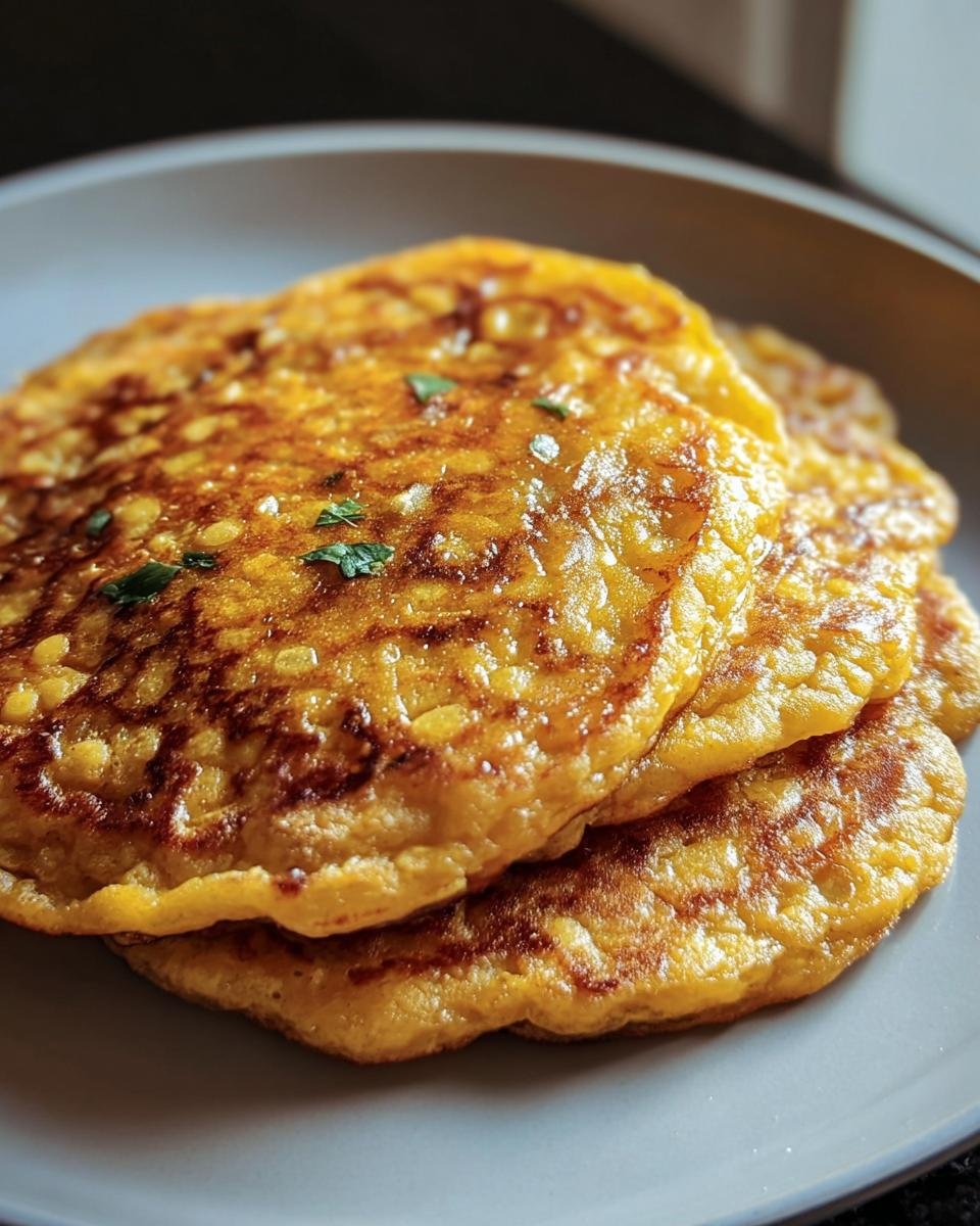 A stack of golden brown Red Lentil Pancakes on a gray plate, garnished with fresh herbs.