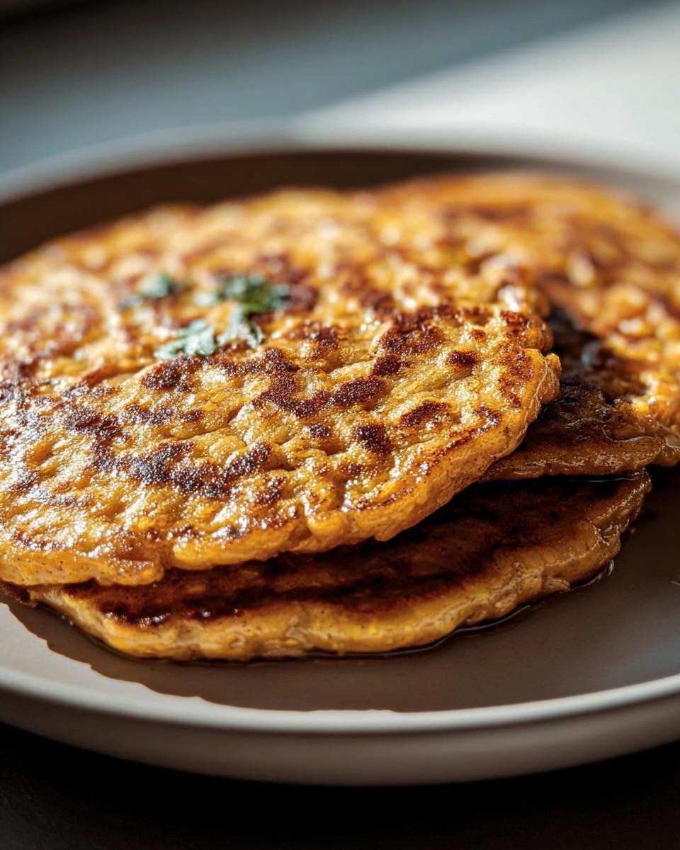 A stack of golden brown Red Lentil Pancakes on a plate, garnished with fresh herbs.