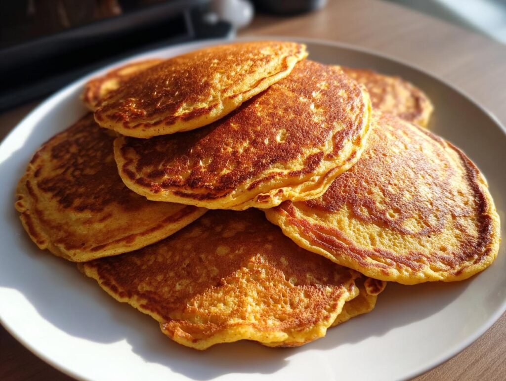 A stack of golden brown Energizing Red Lentil Pancakes on a white plate, ready to eat.