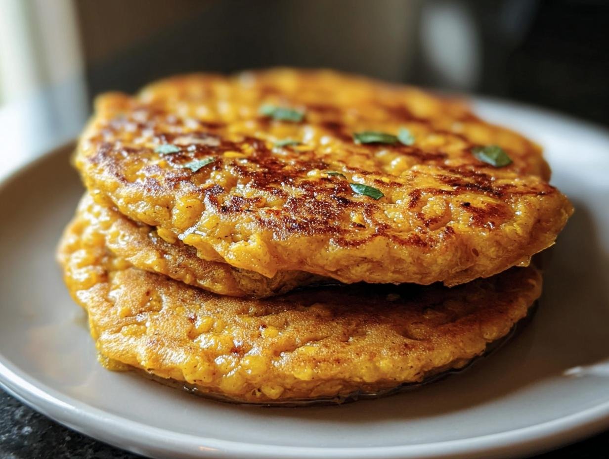 A stack of three golden-brown Red Lentil Pancakes, garnished with fresh herbs on a white plate.