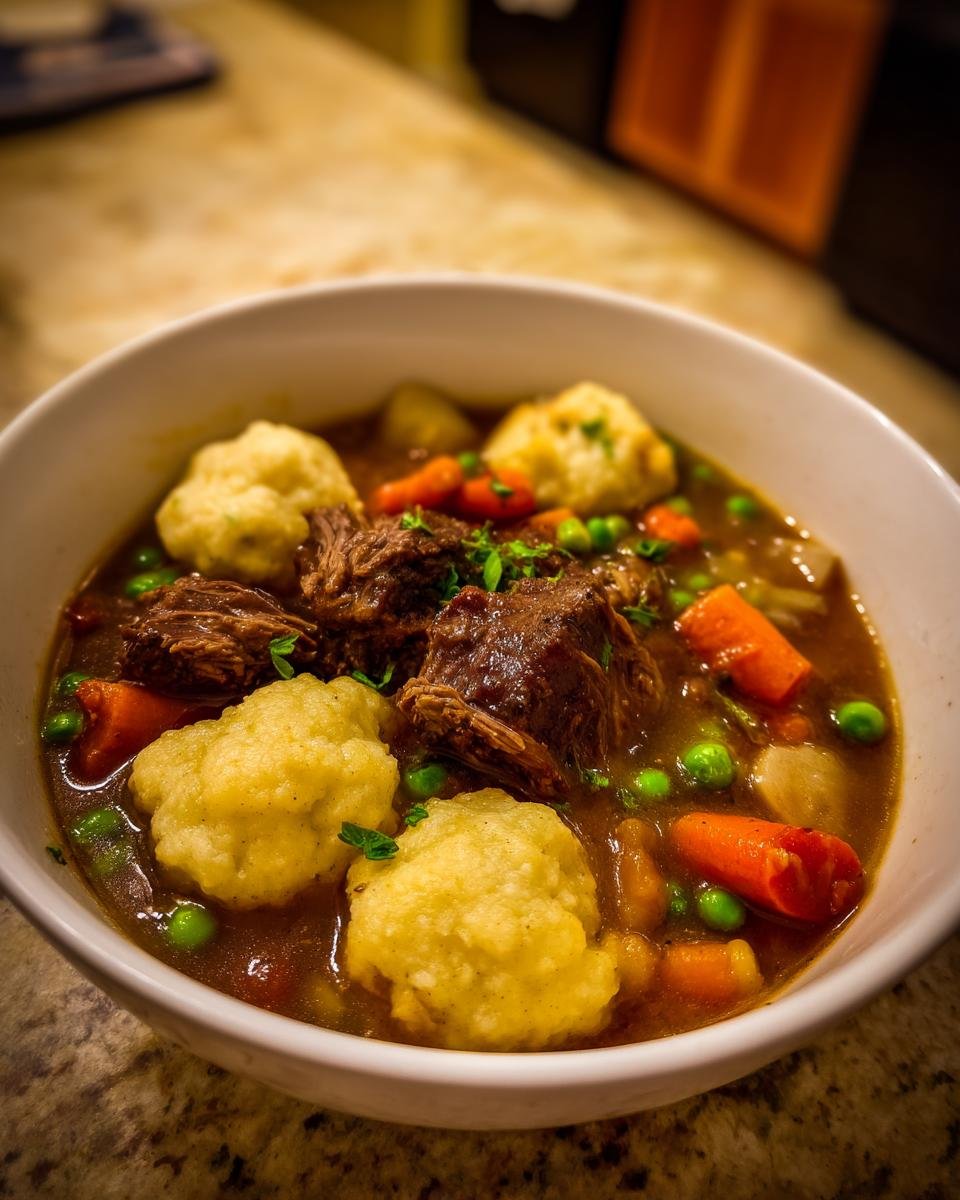 Bowl of Rib Cornmeal Dumpling Soup with beef, vegetables, and cornmeal dumplings.