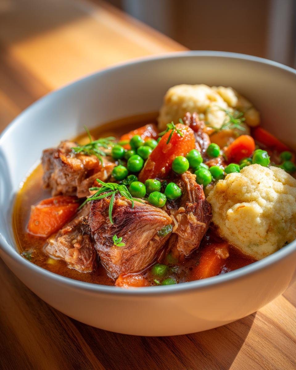 Close-up of a bowl of Rib Cornmeal Dumpling Soup with beef, carrots, peas, and cornmeal dumplings.