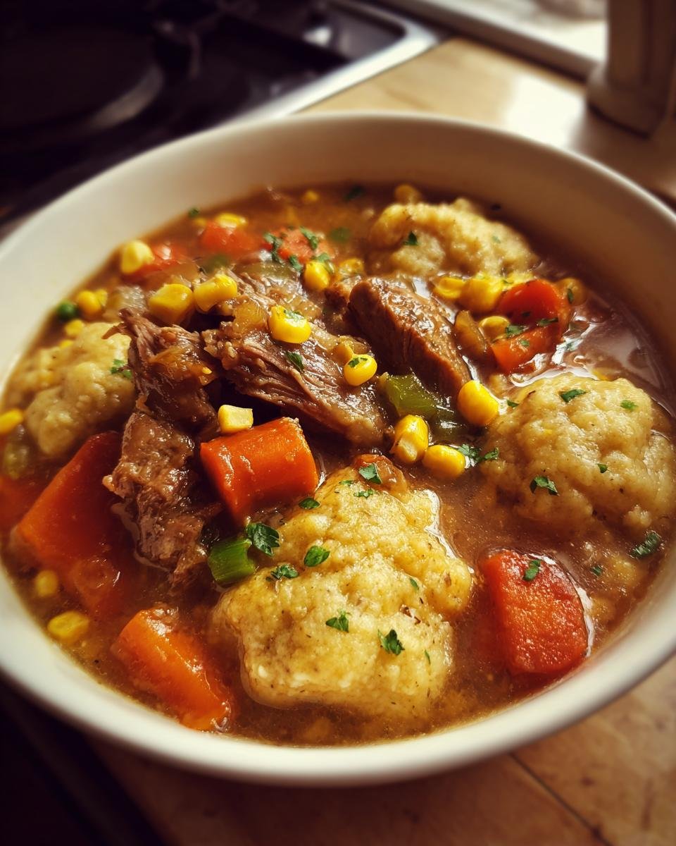 A hearty bowl of Rib Cornmeal Dumpling Soup filled with tender ribs, cornmeal dumplings, carrots, and corn.