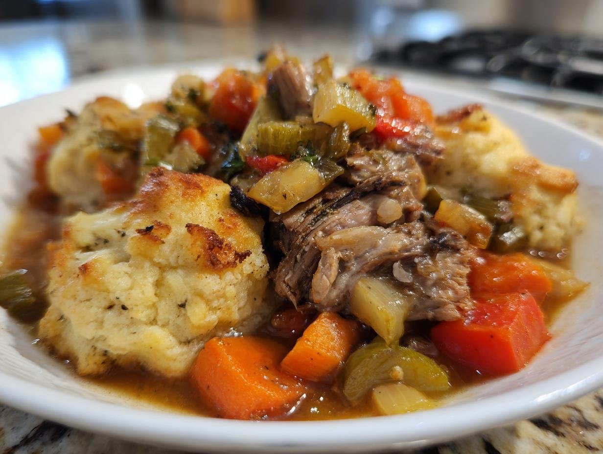 A bowl of Rib Cornmeal Dumpling Soup featuring tender ribs, vegetables, and fluffy cornmeal dumplings.