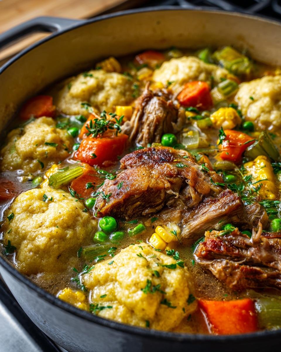 Close-up of Rib Cornmeal Dumpling Soup in a pot, featuring ribs, cornmeal dumplings, and colorful vegetables.