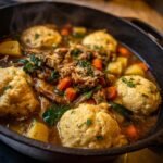 Close-up of Rib Cornmeal Dumpling Soup with tender ribs, vegetables, and cornmeal dumplings in a cast iron pot.