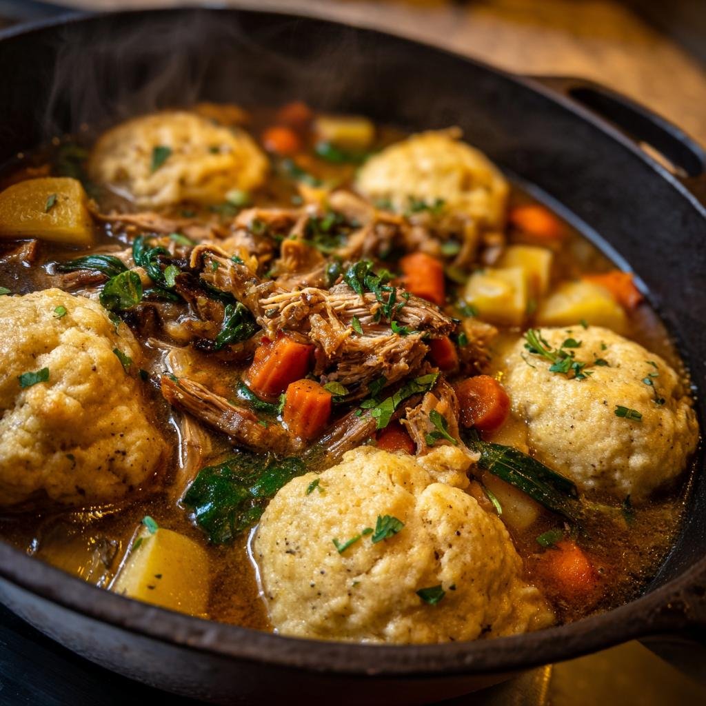 Close-up of Rib Cornmeal Dumpling Soup with tender ribs, vegetables, and cornmeal dumplings in a cast iron pot.