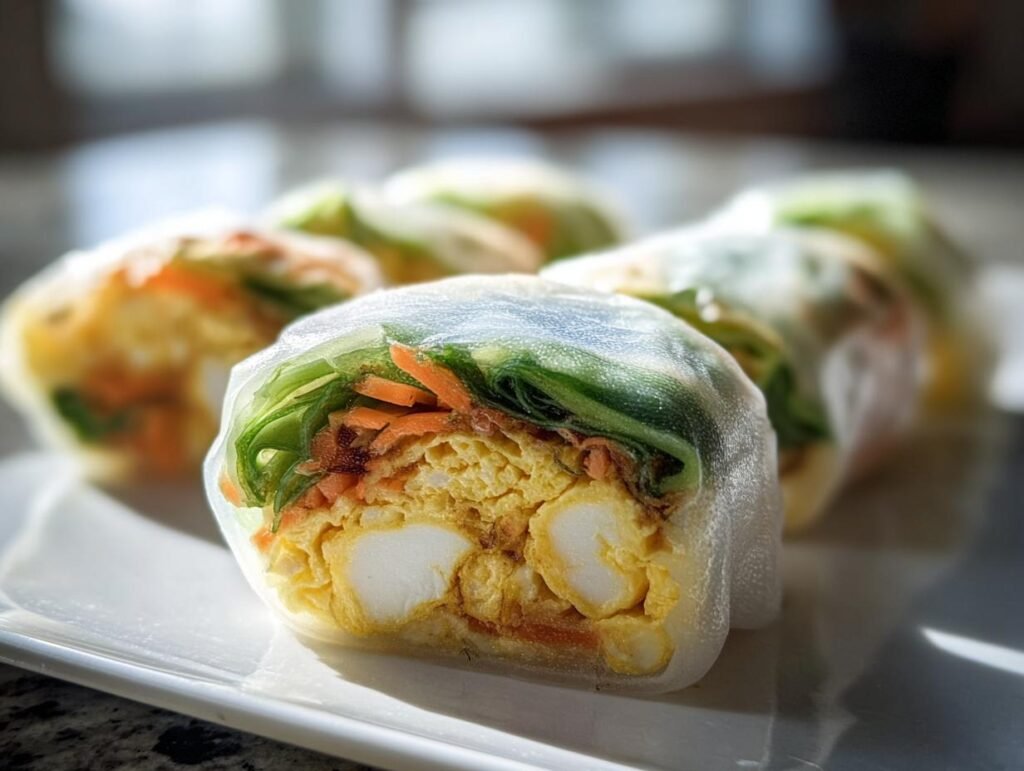 Close-up of Rice Paper Egg Wraps filled with egg, vegetables, and herbs on a white plate.